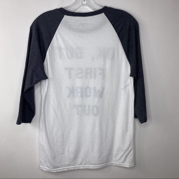 Bend Graphic Muscle T-Shirt Womens But First We Work Out Baseball Stretch Small - Picture 5 of 5
